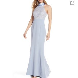 Bridesmaid Halter Neck Lace & Crepe Mermaid Gown
